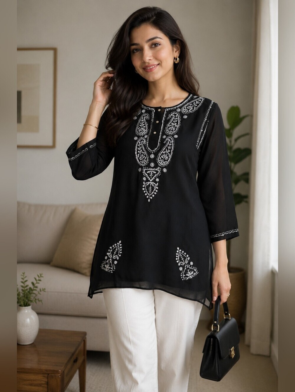 Black White Embroidered Sheer Short Kurta Tunic Top Boho Chic